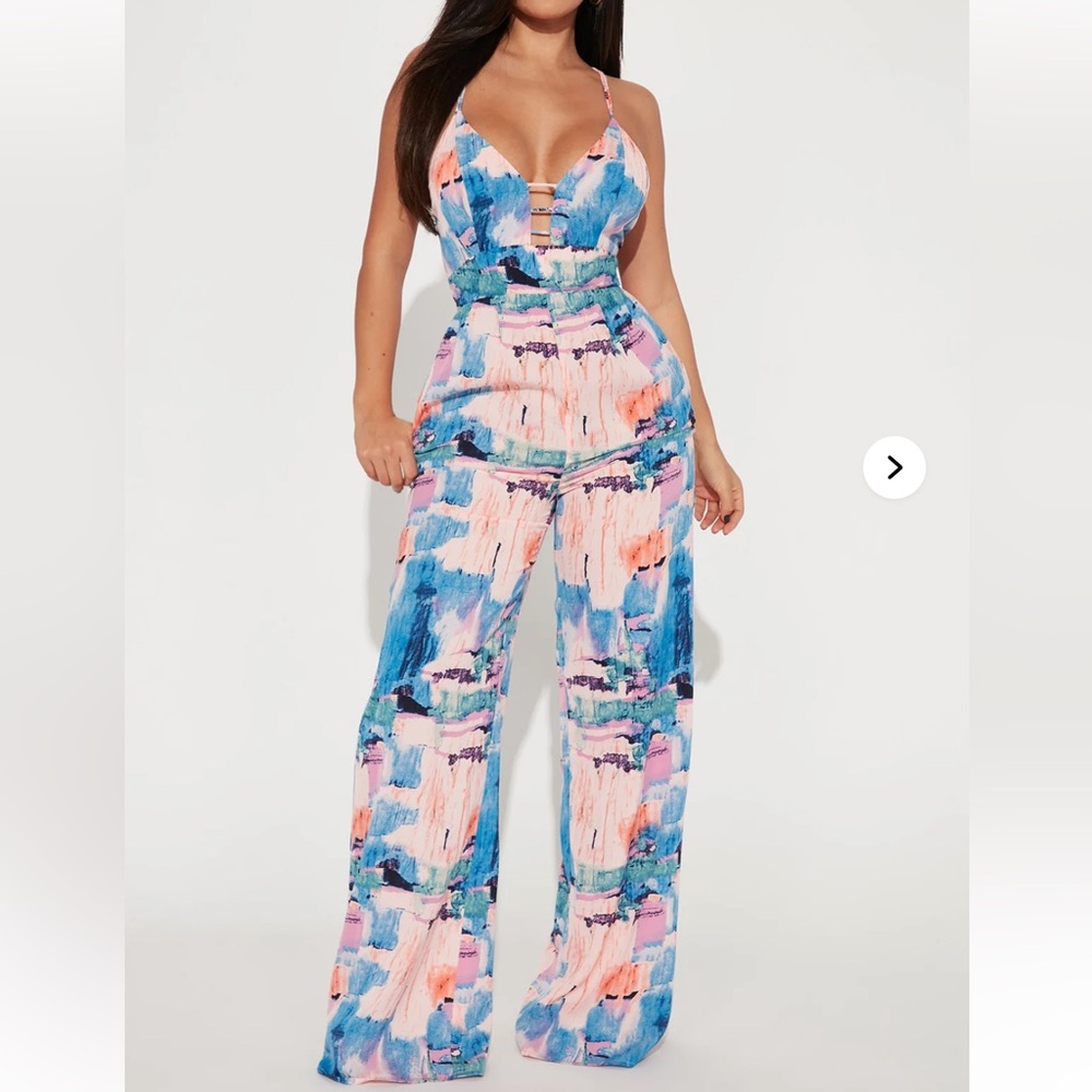 Fashion Nova Blue and Pink Abstract Jumpsuit